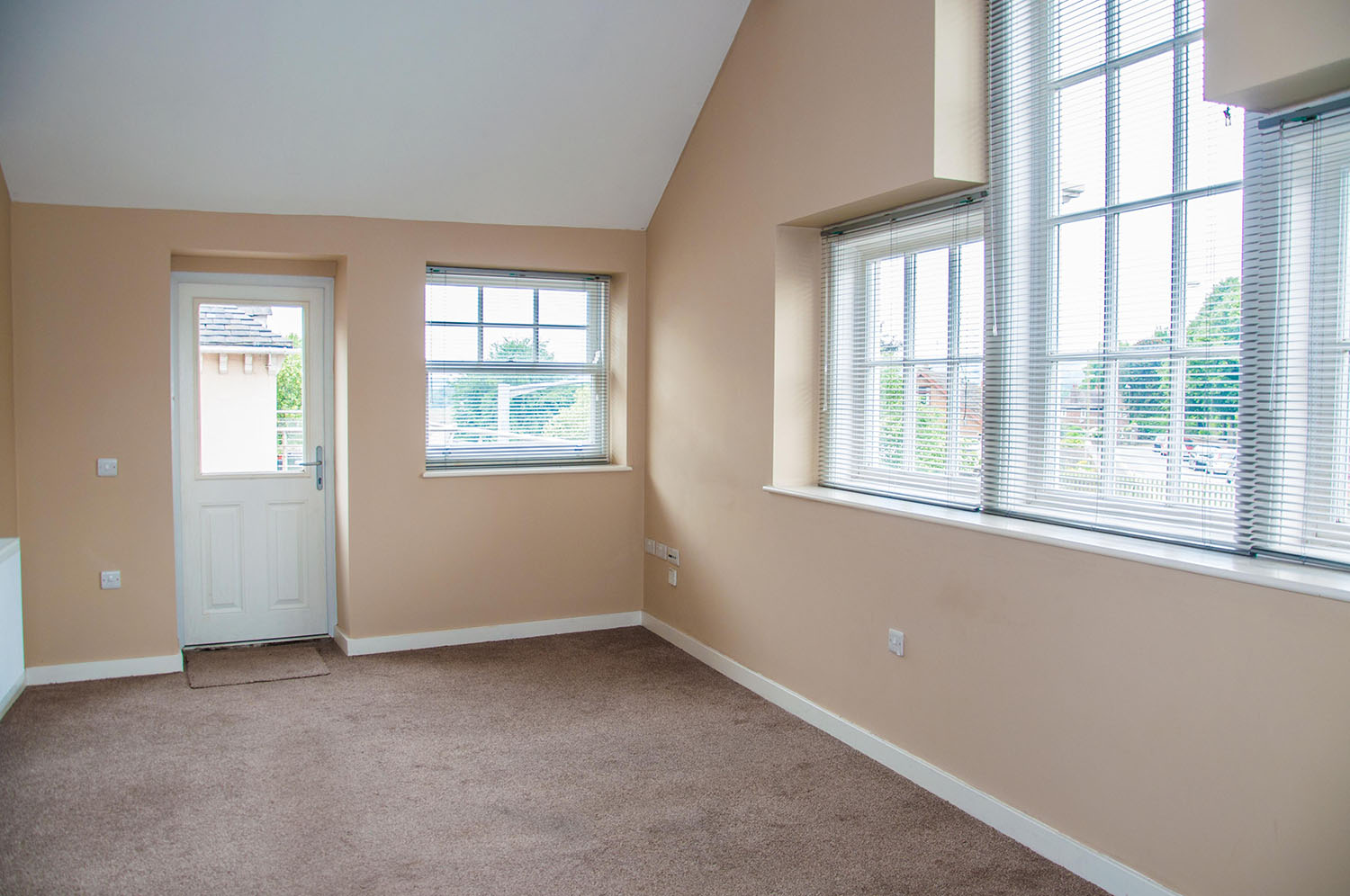 Empty living room with gray carpet and beige walls with a door leading outside and 4 large windows