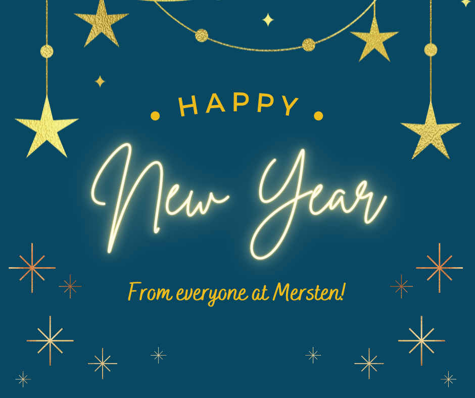 An image saying 'happy new year from everyone at mersten' with stars surrounding the text