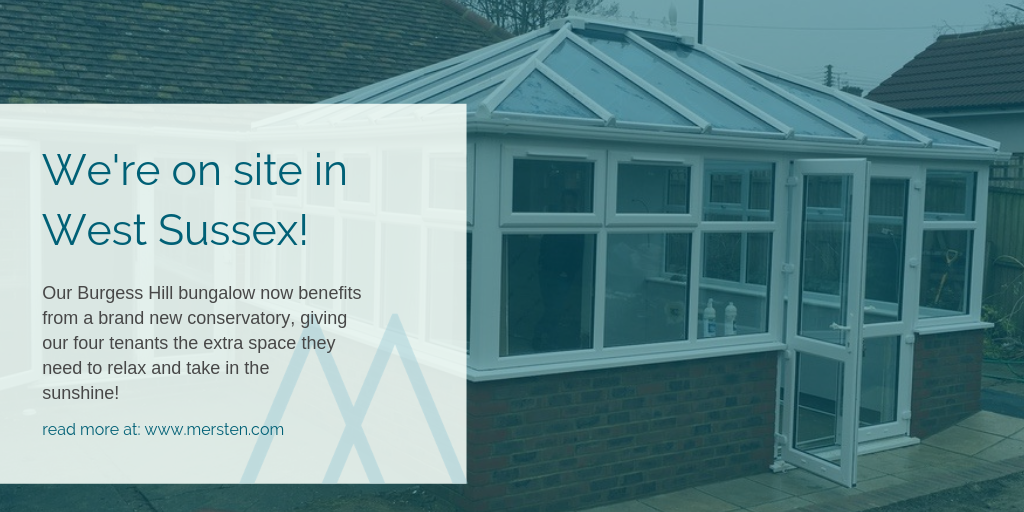 Image of a conservatory with a text box reading 'we're on site in west sussex'